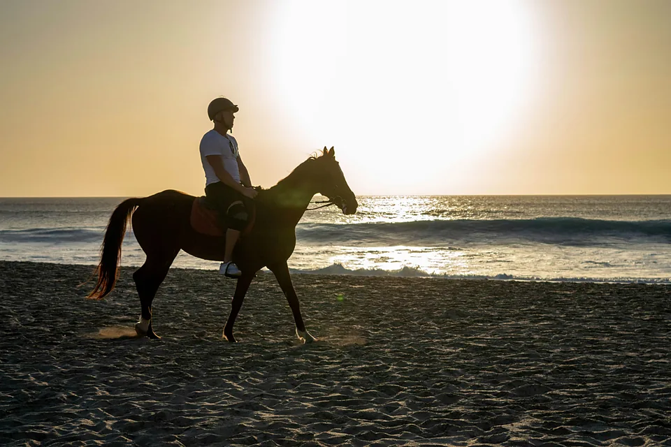 Un jinete en la playa al atardecer
