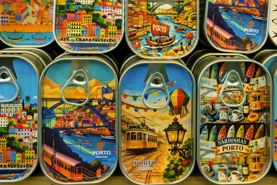Latas de sardinas portuguesas ilustradas con escenas de Oporto