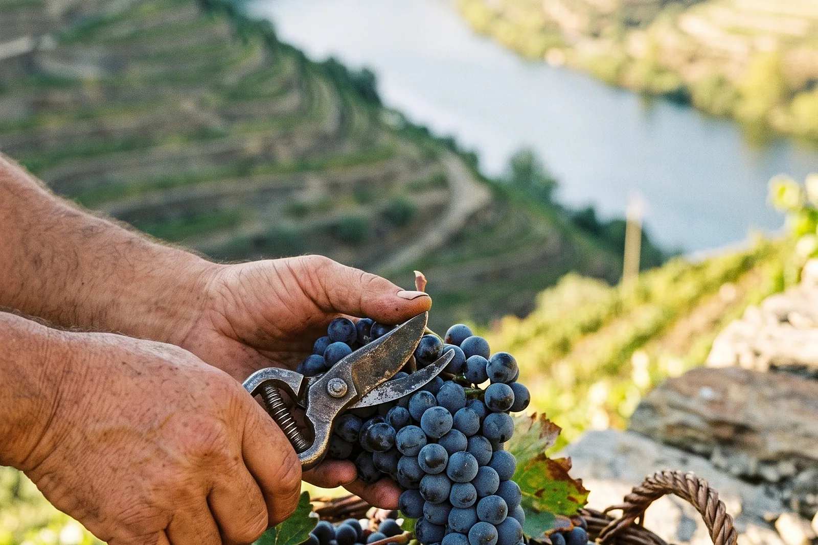 Unas manos cortando un racimo de uvas sobre las terrazas del Duero